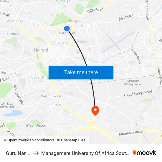Guru Nanak to Management University Of Africa South C map