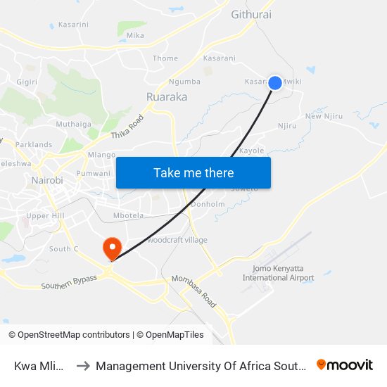 Kwa Mlima to Management University Of Africa South C map