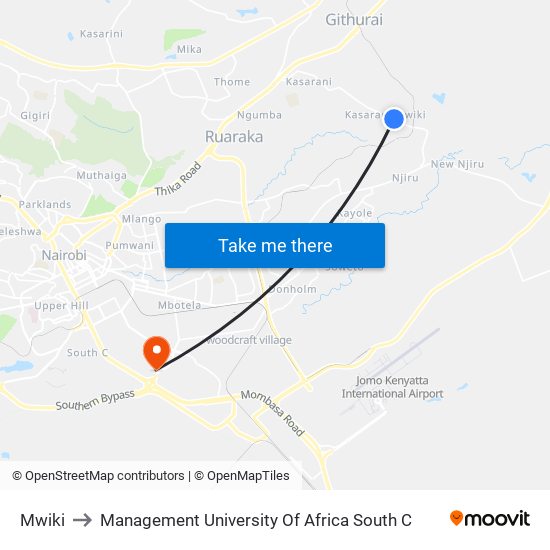 Mwiki to Management University Of Africa South C map