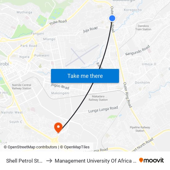 Shell Petrol Station to Management University Of Africa South C map