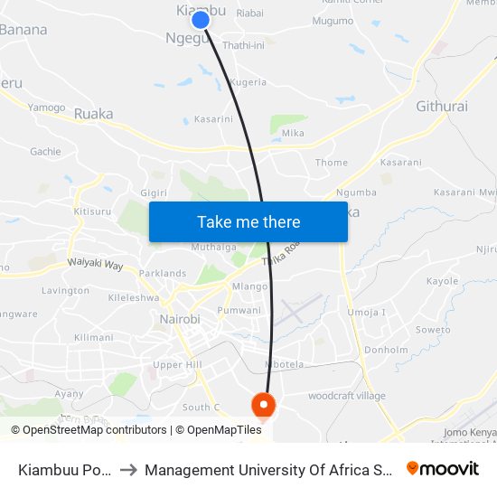 Kiambuu Posta to Management University Of Africa South C map