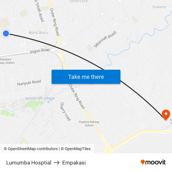 Lumumba Hosptial to Empakasi map