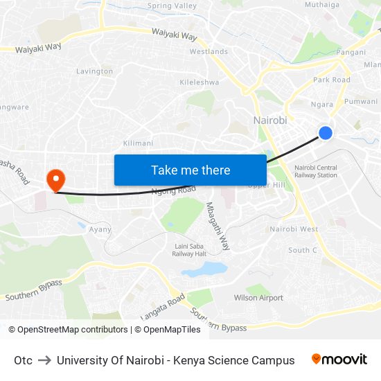 Otc to University Of Nairobi - Kenya Science Campus map