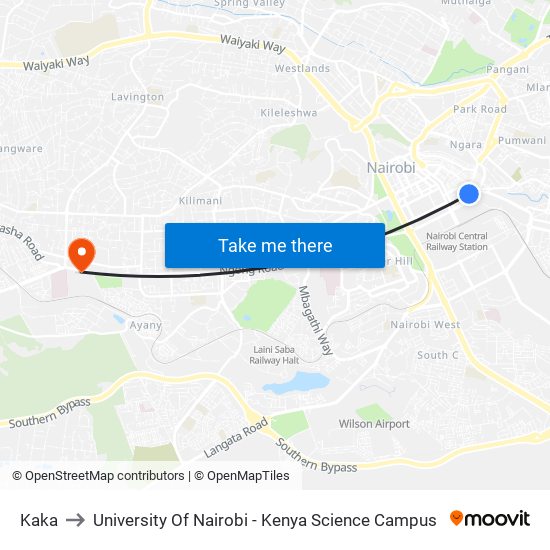 Kaka to University Of Nairobi - Kenya Science Campus map
