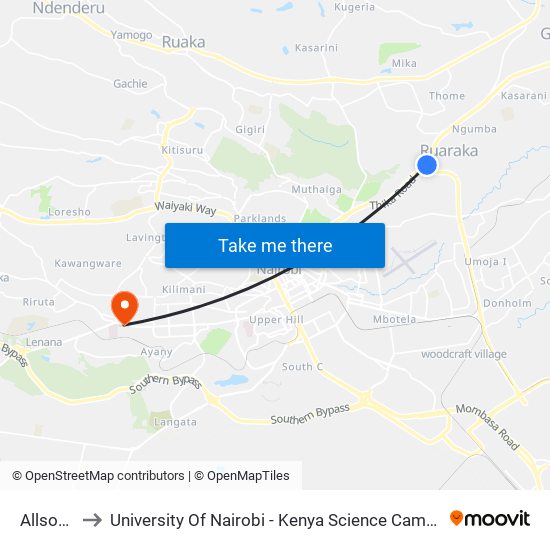 Allsops to University Of Nairobi - Kenya Science Campus map