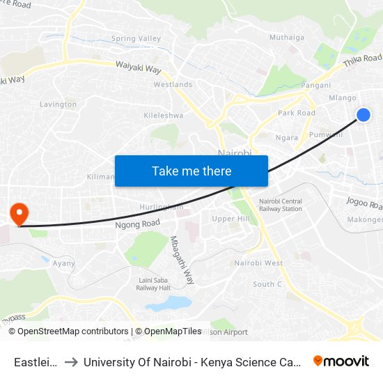 Eastleigh to University Of Nairobi - Kenya Science Campus map