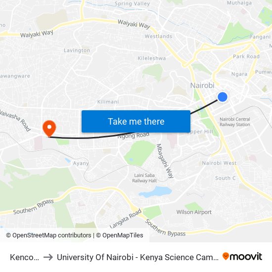 Kencom to University Of Nairobi - Kenya Science Campus map