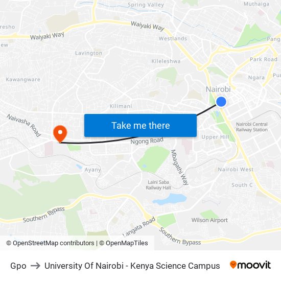 Gpo to University Of Nairobi - Kenya Science Campus map