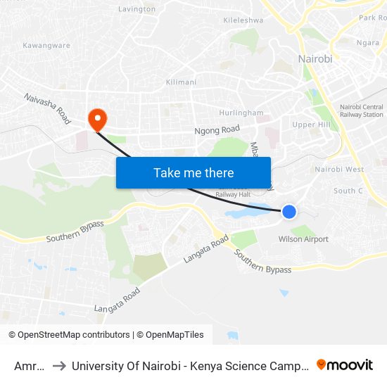 Amref to University Of Nairobi - Kenya Science Campus map