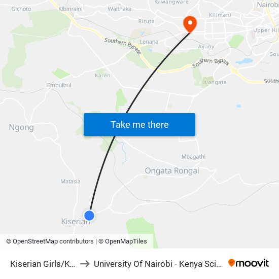 Kiserian Girls/Kwa Maji to University Of Nairobi - Kenya Science Campus map