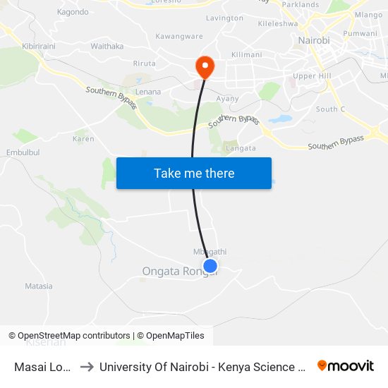 Masai Lodge to University Of Nairobi - Kenya Science Campus map