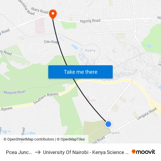 Pcea Junction to University Of Nairobi - Kenya Science Campus map