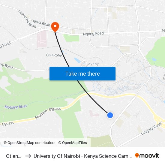 Otiende to University Of Nairobi - Kenya Science Campus map