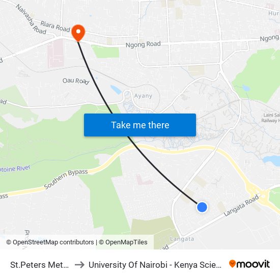 St.Peters Methodist to University Of Nairobi - Kenya Science Campus map