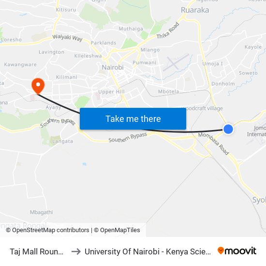 Taj Mall Roundabout to University Of Nairobi - Kenya Science Campus map