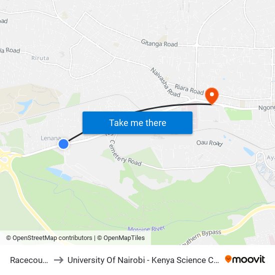 Racecourse to University Of Nairobi - Kenya Science Campus map