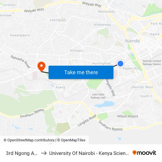 3rd Ngong Avenue to University Of Nairobi - Kenya Science Campus map