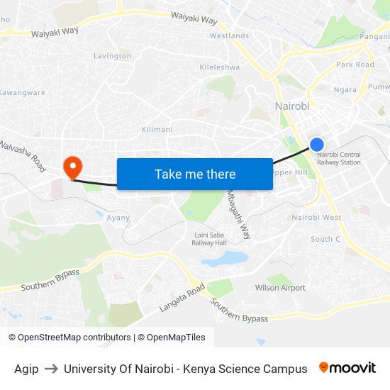 Agip to University Of Nairobi - Kenya Science Campus map
