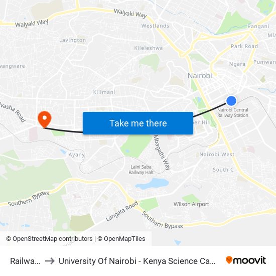 Railways to University Of Nairobi - Kenya Science Campus map