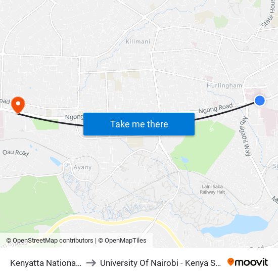 Kenyatta National Hospital to University Of Nairobi - Kenya Science Campus map