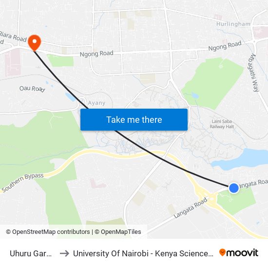 Uhuru Gardens to University Of Nairobi - Kenya Science Campus map