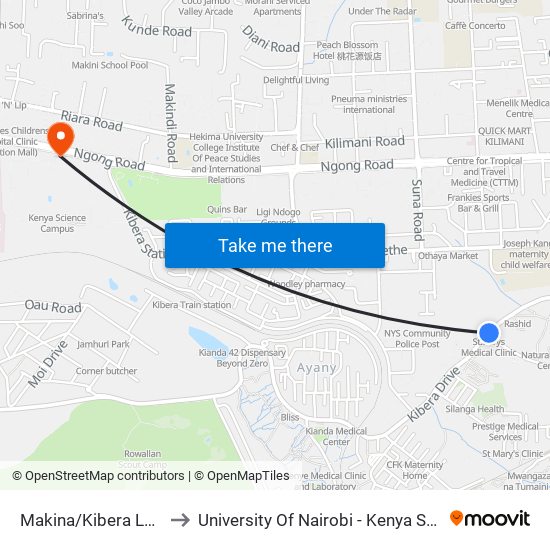 Makina/Kibera Law Courts to University Of Nairobi - Kenya Science Campus map