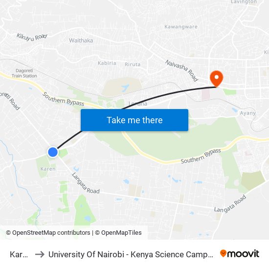 Karen to University Of Nairobi - Kenya Science Campus map