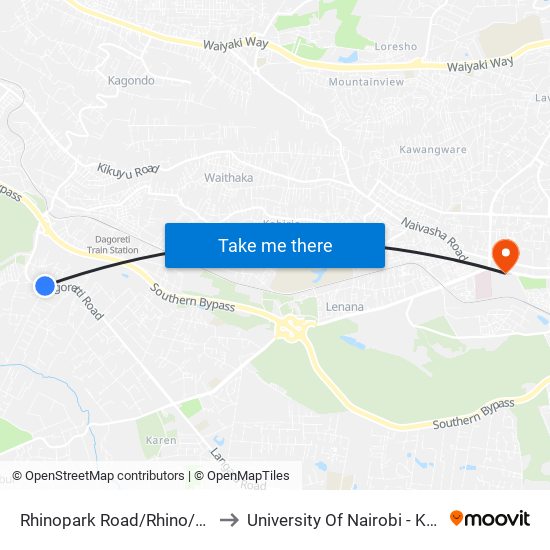 Rhinopark Road/Rhino/Resurrection Gardens to University Of Nairobi - Kenya Science Campus map