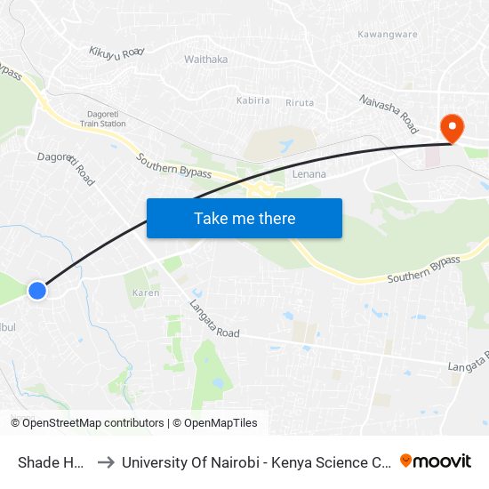 Shade Hotel to University Of Nairobi - Kenya Science Campus map