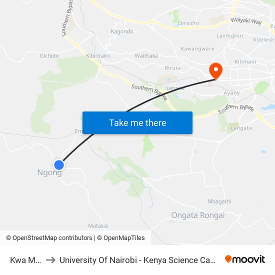 Kwa Maji to University Of Nairobi - Kenya Science Campus map