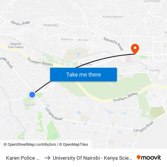 Karen Police Station to University Of Nairobi - Kenya Science Campus map