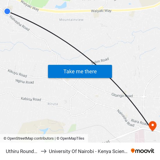 Uthiru Roundabout to University Of Nairobi - Kenya Science Campus map