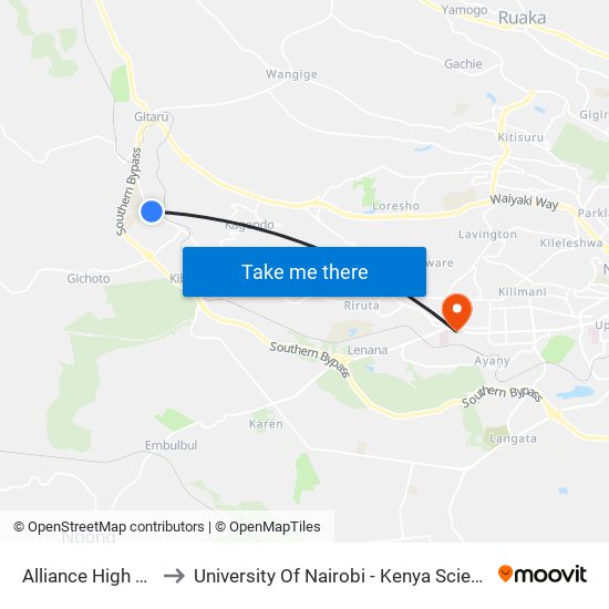 Alliance High School to University Of Nairobi - Kenya Science Campus map