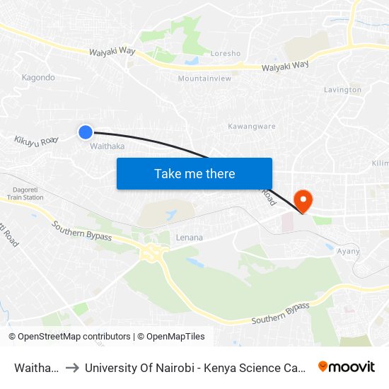 Waithaka to University Of Nairobi - Kenya Science Campus map
