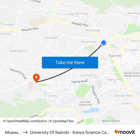 Museum to University Of Nairobi - Kenya Science Campus map