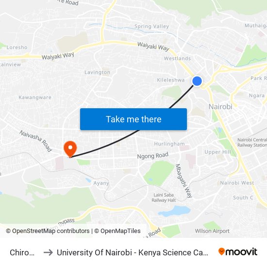 Chiromo to University Of Nairobi - Kenya Science Campus map