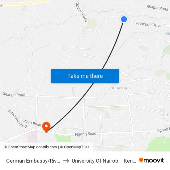 German Embassy/Riverside Paddocks to University Of Nairobi - Kenya Science Campus map