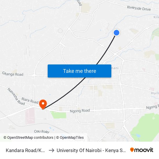Kandara Road/Kenya High to University Of Nairobi - Kenya Science Campus map