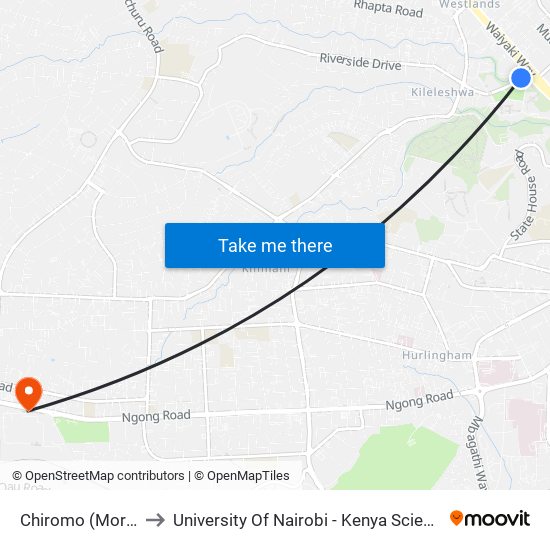 Chiromo (Mortuary) to University Of Nairobi - Kenya Science Campus map