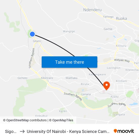 Sigona to University Of Nairobi - Kenya Science Campus map
