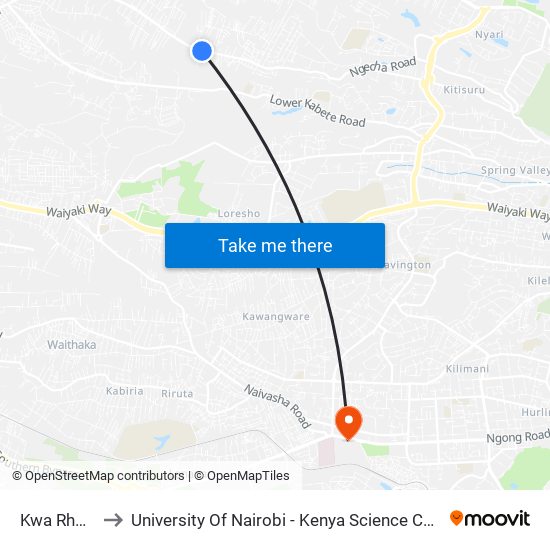 Kwa Rhoda to University Of Nairobi - Kenya Science Campus map