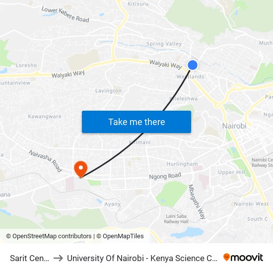 Sarit Center to University Of Nairobi - Kenya Science Campus map