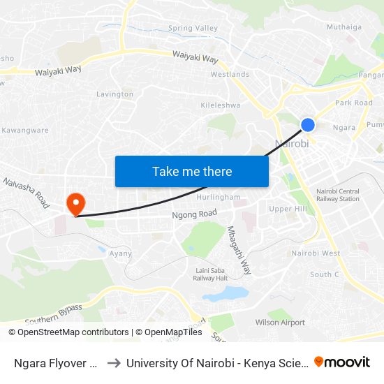 Ngara Flyover Bottom to University Of Nairobi - Kenya Science Campus map