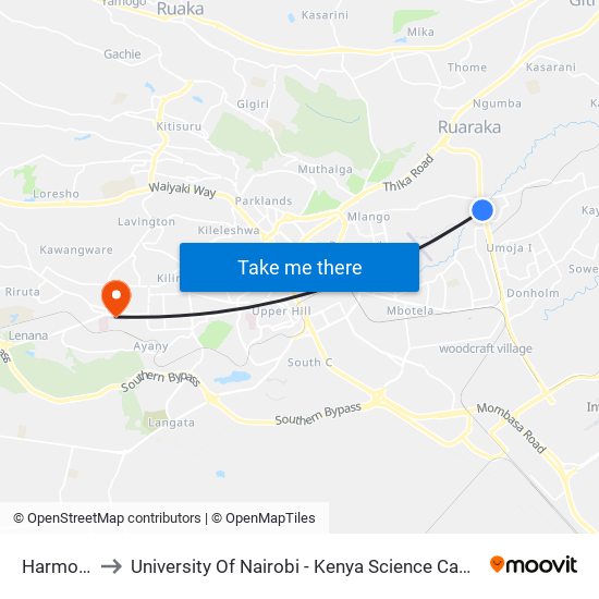 Harmony to University Of Nairobi - Kenya Science Campus map