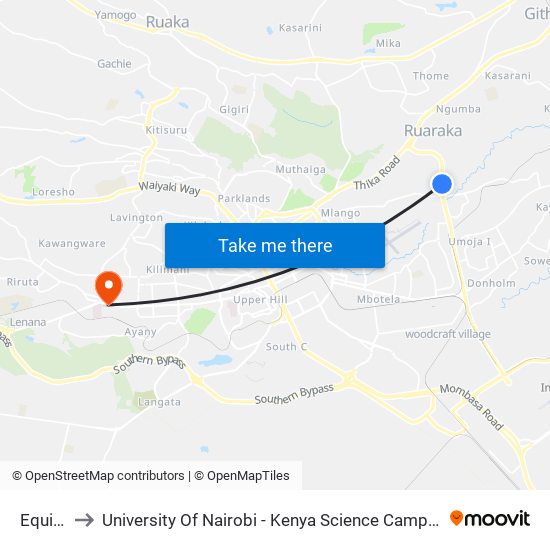 Equity to University Of Nairobi - Kenya Science Campus map