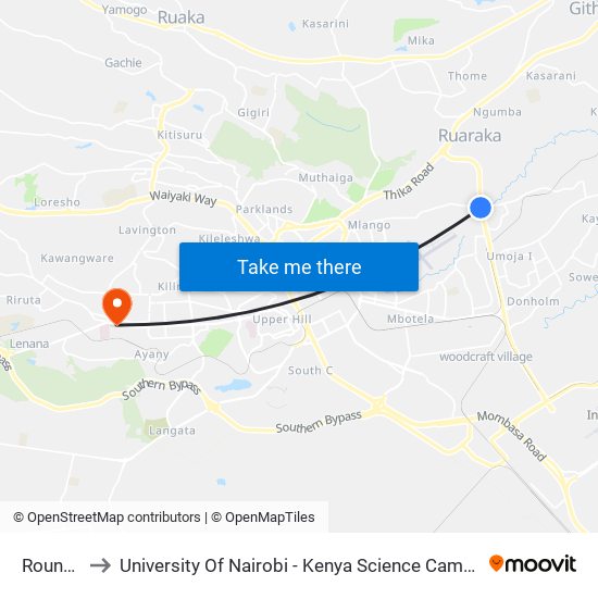 Rounda to University Of Nairobi - Kenya Science Campus map