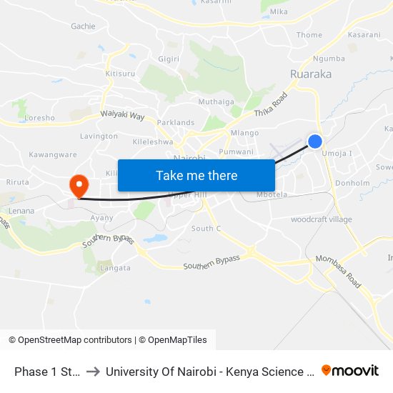 Phase 1 Stage to University Of Nairobi - Kenya Science Campus map