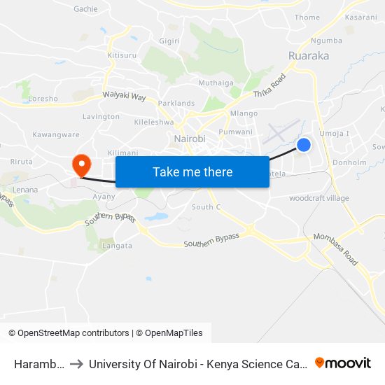 Harambee to University Of Nairobi - Kenya Science Campus map