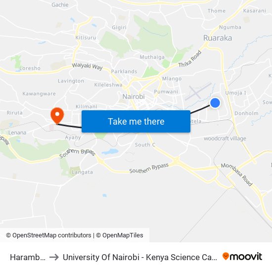 Harambee to University Of Nairobi - Kenya Science Campus map