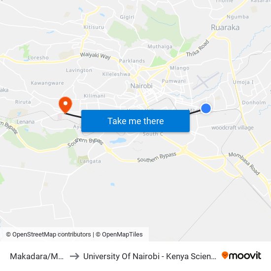 Makadara/Mwisho to University Of Nairobi - Kenya Science Campus map